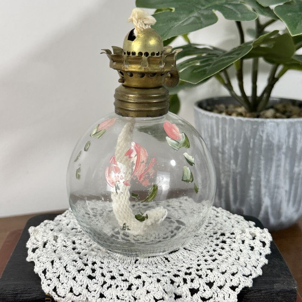 Vintage T.M. Co. NY Miniature Oil Lamp Clear Glass Hand Painted Floral Brass